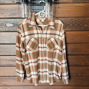 Natural Reflections Womens Plaid Button-Down Shirt in Cream, Green & Orange